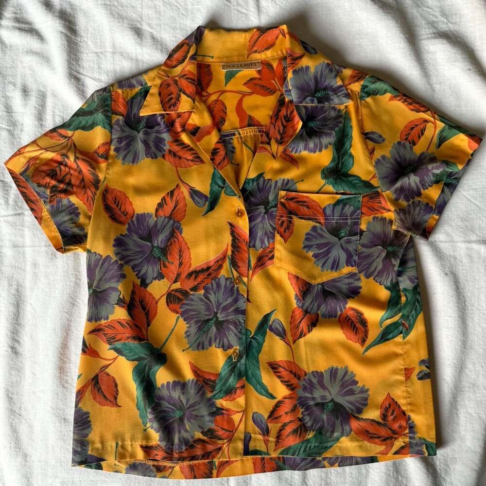 Vintage 70s Tea Leaves Of California Floral Hawaiian Blouse Shirt Boho -M